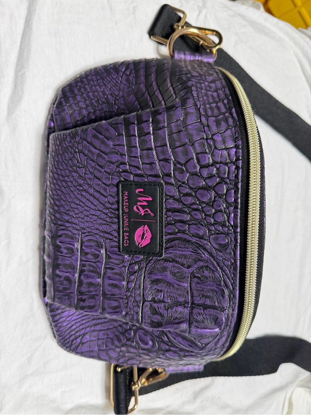 Makeup Junkie Bags Purple gator Crossbody with sunglass case and keychain